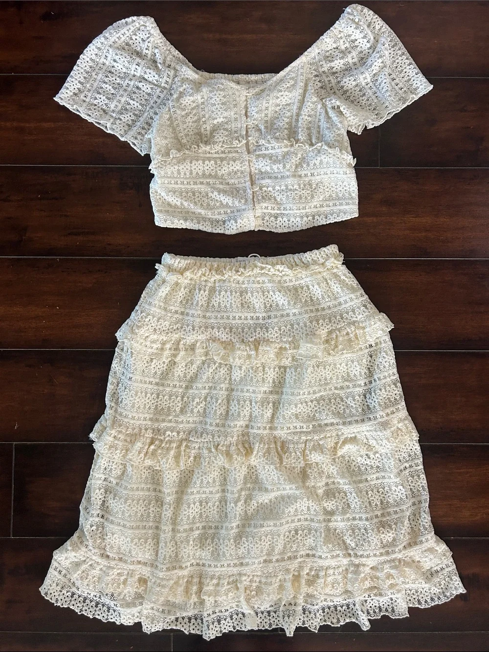 Zara Cream Lace Cropped Top and Skirt Set